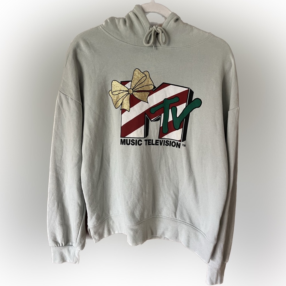 MTV Light Sage Green Holiday Hoodie Sweatshirt Christmas Women’s Medium